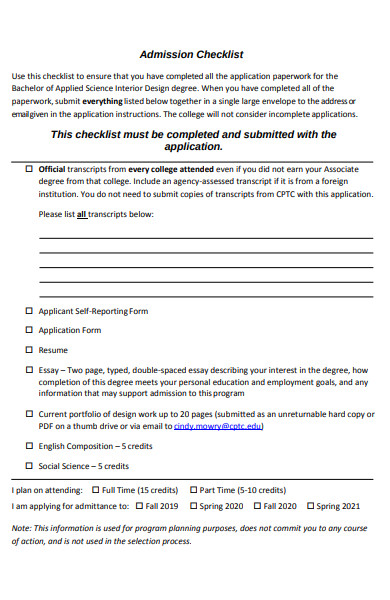admission checklist form