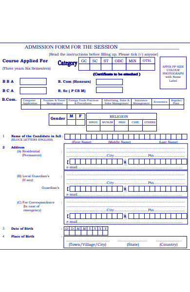 admission form for session