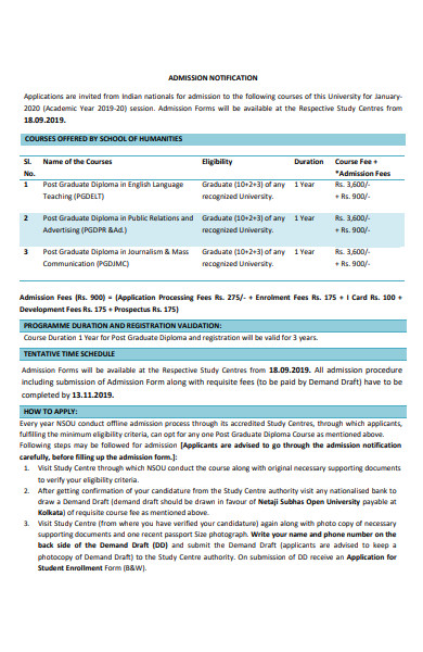 admission notification form