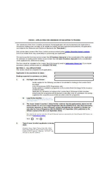admission of securities trading form