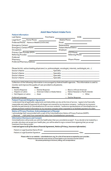 adult new patient intake form