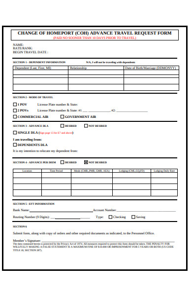 advance travel request form