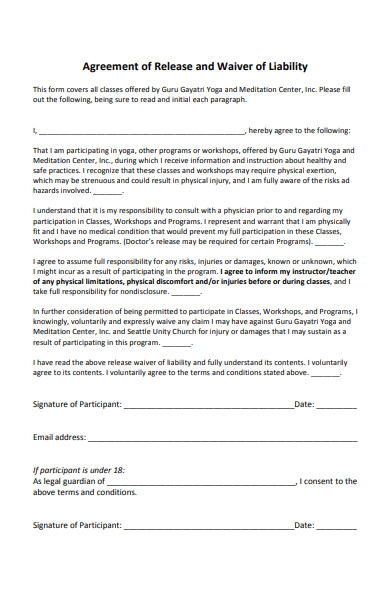agreement of release and waiver of liability form in pdf