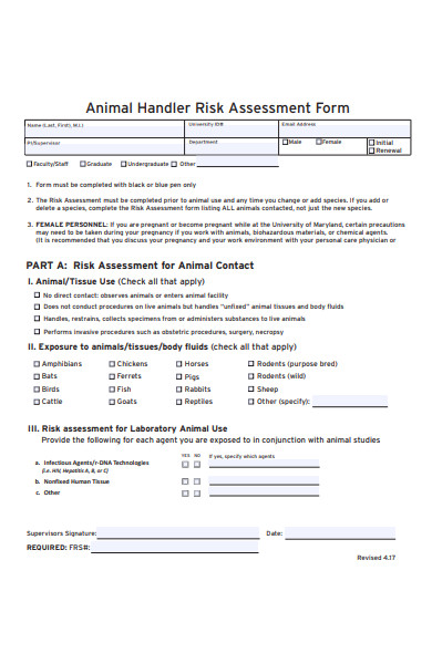 animal handler risk assessment form