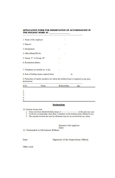 application form for holiday accommodation