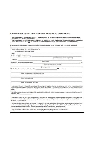 authorization form of release of medical records
