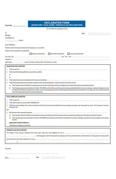 bank declaration form