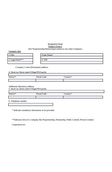 bank enquiry form