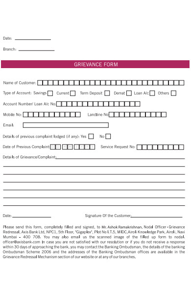 bank grievance form