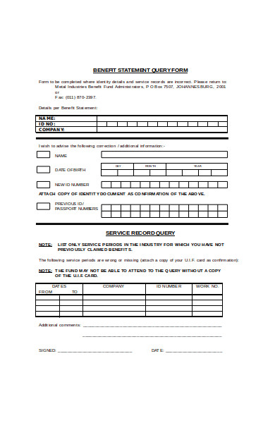 benefit statement query form