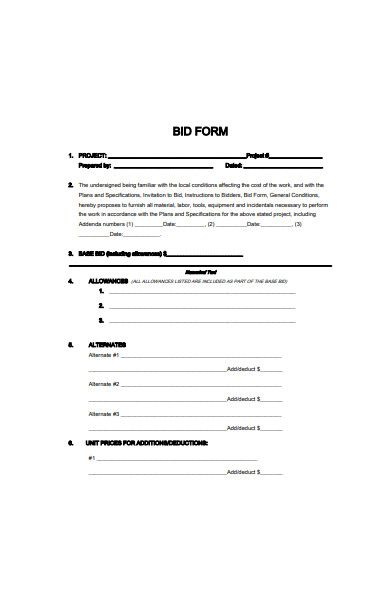 bid form template