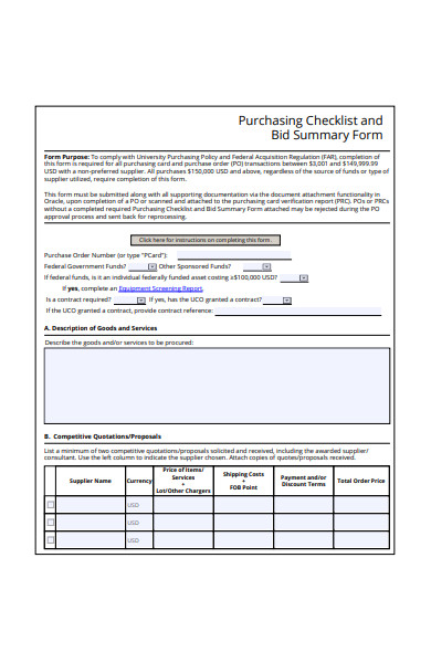 bid summary form