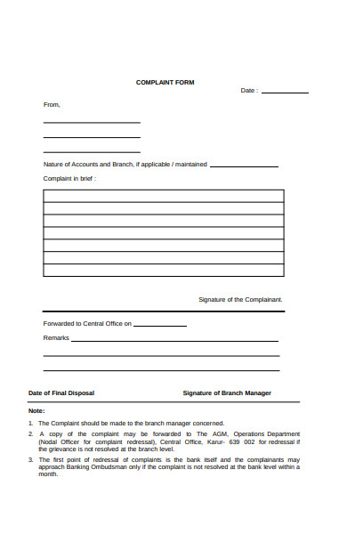 branch manager complaint form