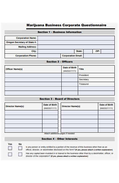 business corporate questionnaire form