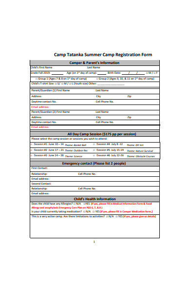 camp registration form template
