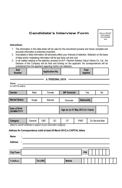 candidate’s interview form