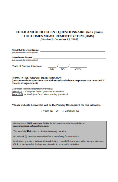 child adolescent questionnaire form