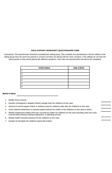 child support worksheet questionnaire form