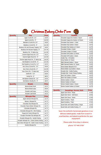 christmas bakery cookie order form