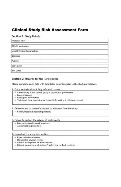 clinical study risk assessment form