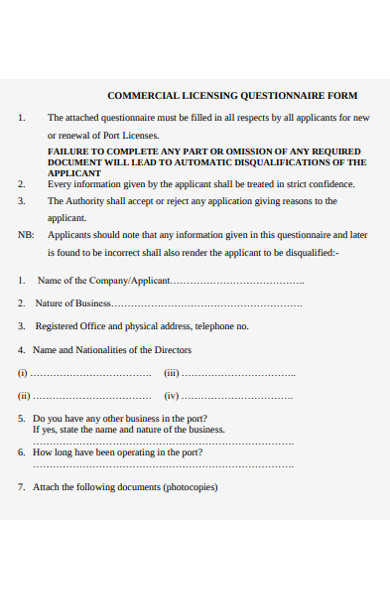 commercial licensing questionnaire form