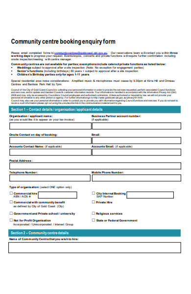 community centre booking enquiry form