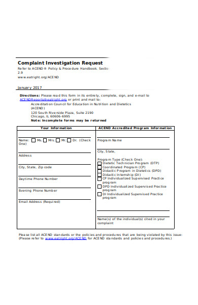 complaint investigation form