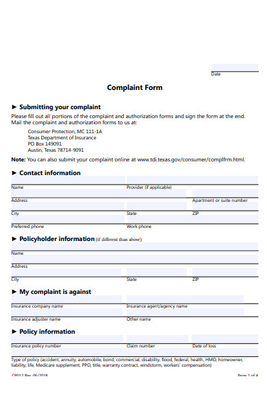complaint policy information form