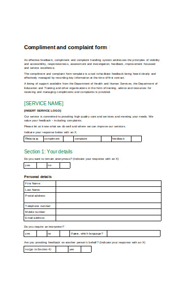 compliment and complaint form