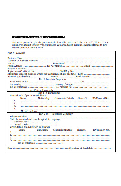 confidential business questionnaire form