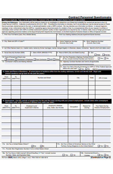 contract personnel questionnaire form