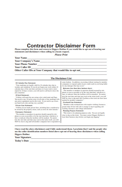 contractor disclaimer form in pdf