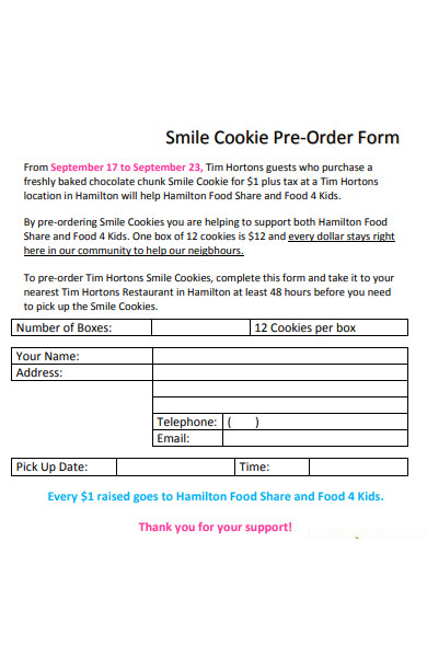 cookie pre order form in template