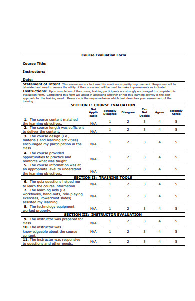 course evaluation form sample 