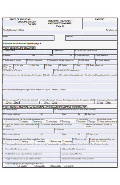 court case questionnaire form