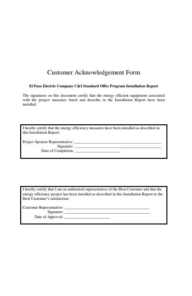 customer acknowledgement form