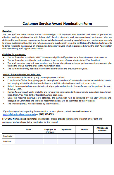 customer service award nomination form