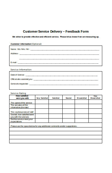 customer service delivery form
