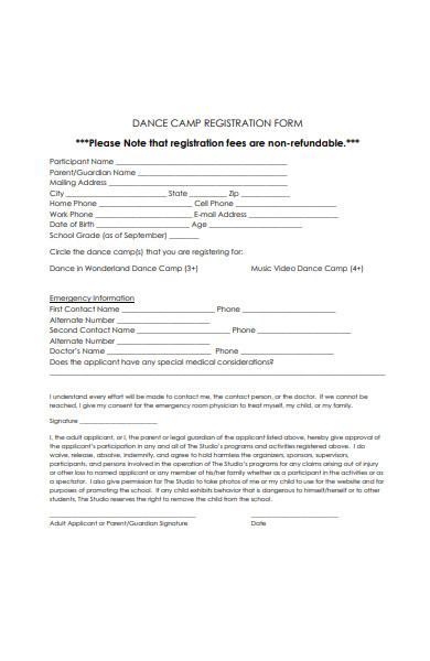 dance camp registration form