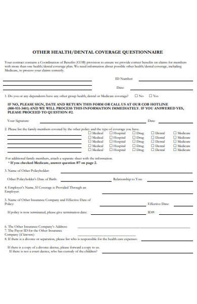 dental coverage questionnaire form