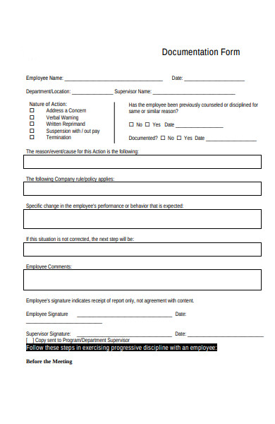 disciplinary documentation form