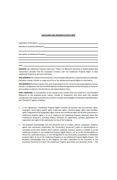 disclaimer and indemnification form