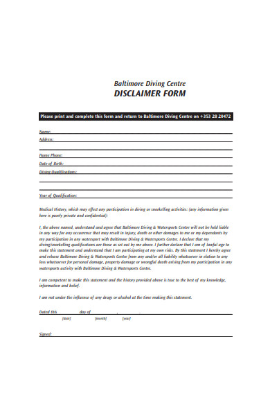 diving centre disclaimer form