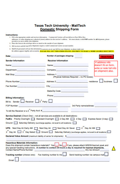 domestic shipping form