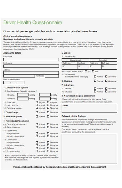 driver health questionnaire form