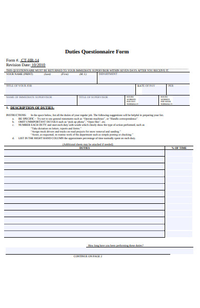 duties questionnaire form