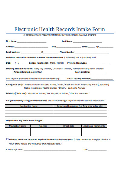 electronic health records intake form