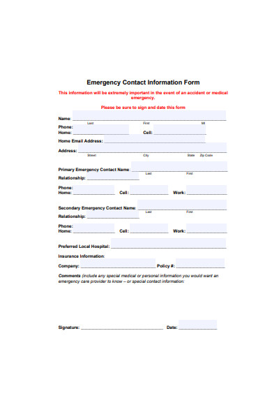 emergency contact information form sample