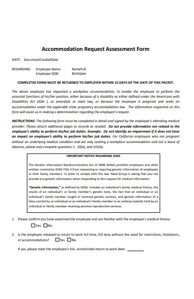 employee accommodation assessment form