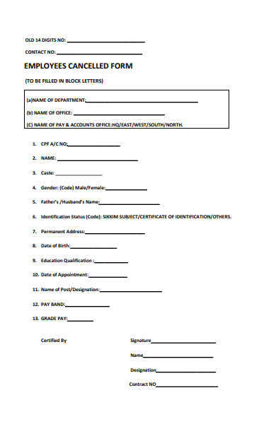 employee cancellation form 